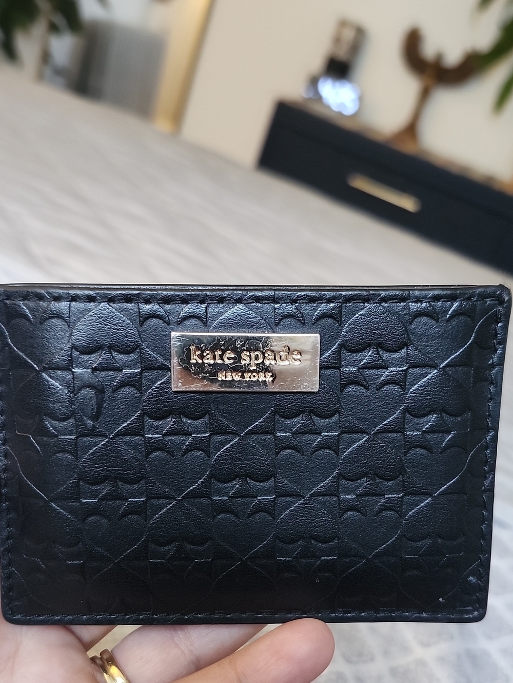 kate spade Black Embossed Leather Card Case with Gold Logo Plaque